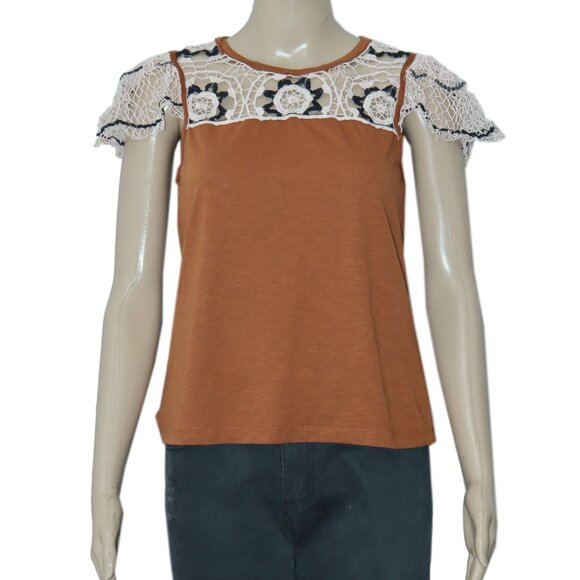 By Anthropologie Flutter Sleeve Top Crochet Embroidered Cedar S - Picture 4 of 7